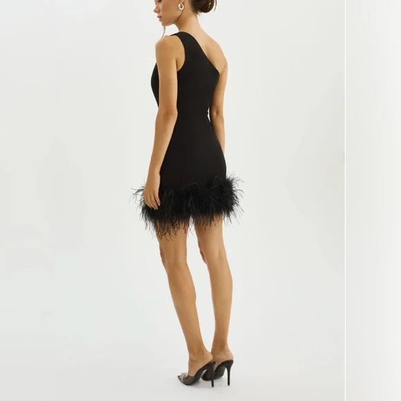 LAMARQUE Tafia One Shoulder Feather Trim Mini Dress Black NWT Size M - Picture 2 of 9